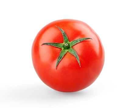 Single ripe tomato on white backgroundの写真素材