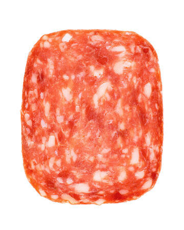 Salami slice isolated on white backgroundの写真素材