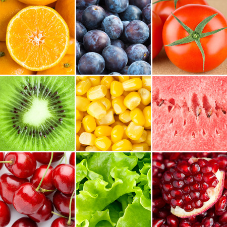 Healthy fresh food background. Collection with different fruits, berries and vegetablesの写真素材