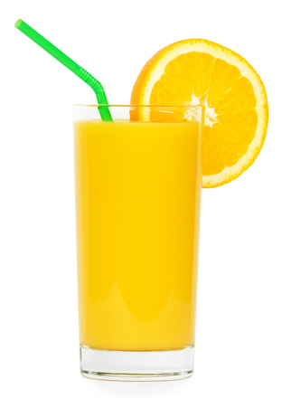 Fresh orange juice and slice of orange on white backgroundの写真素材