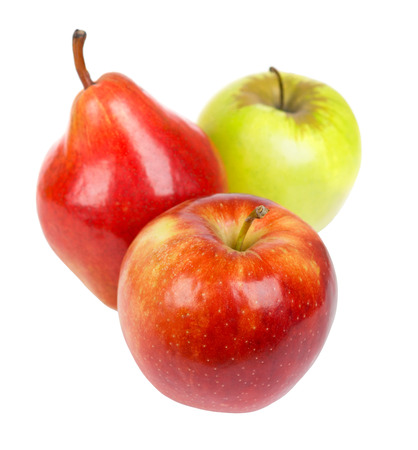 Apple and pear closeup on white backgroundの写真素材