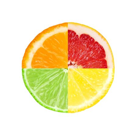Mixed slice of citrus fruit on white backgroundの写真素材
