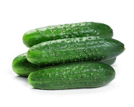 Fresh green cucumbers on white backgroundの写真素材