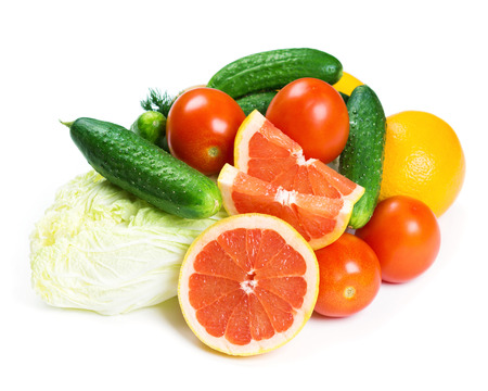Fresh fruits and vegetables on white backgroundの写真素材