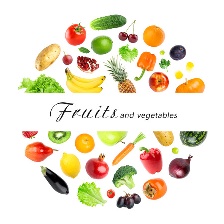 Collection of fruits and vegetables on white background. Fresh foodの写真素材