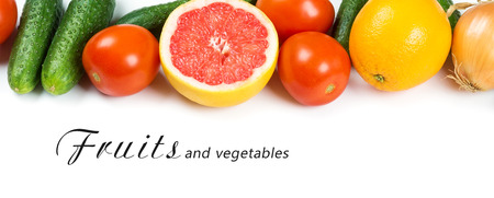 Fresh fruits and vegetables on white backgroundの写真素材