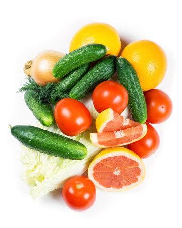 Fresh fruits and vegetables on white backgroundの写真素材