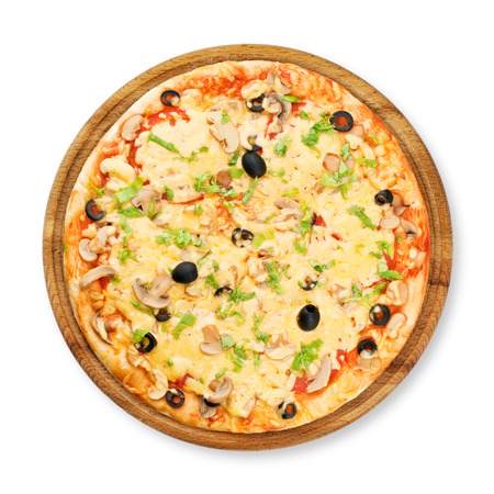 Fresh pizza closeup on white backgroundの写真素材