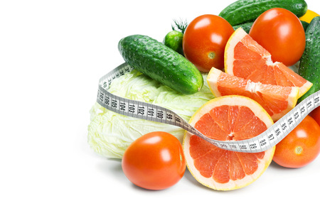 Fresh fruits and vegetables on white background. Diet conceptの写真素材