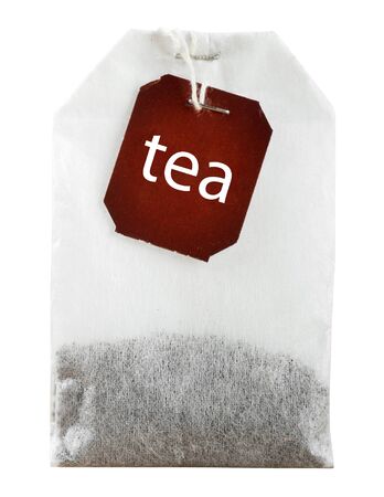 Teabag with red label on white backgroundの写真素材