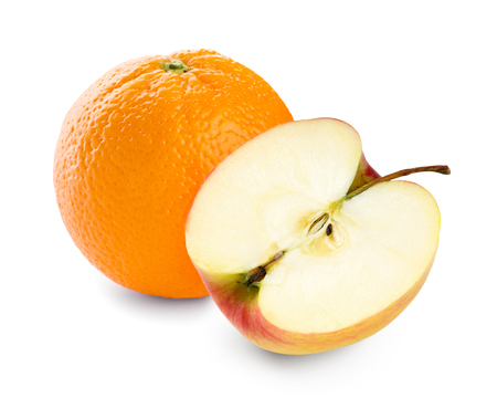 Fresh fruit. Apple and orange closeup on white backgroundの写真素材