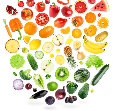 Collection of fruits and vegetables on white background. Fresh foodの写真素材