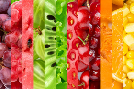Fresh color food background. Collage with different fruits and vegetablesの写真素材