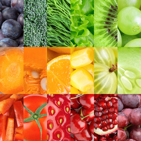 Healthy fresh food background. Collection with color fruits, berries and vegetablesの写真素材