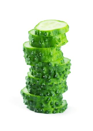 Fresh cucumber slices on white backgroundの写真素材