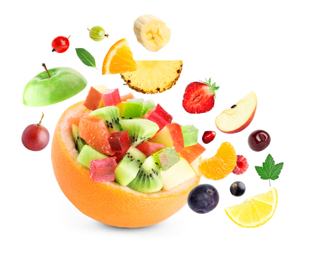 Healthy fruit salad on white background