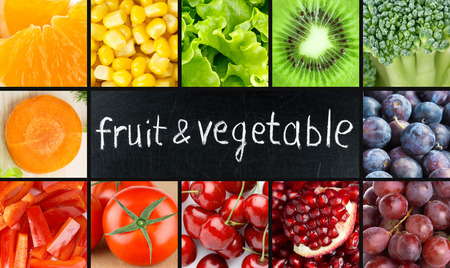 Fresh color fruits and vegetables concept. Food backgroundの写真素材
