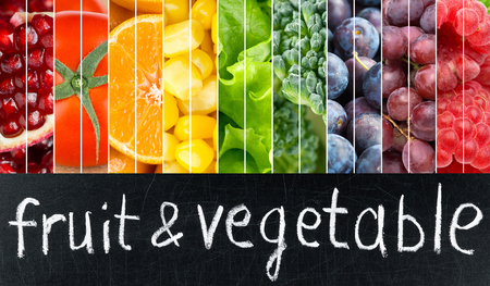 Fresh color fruits and vegetables concept. Food backgroundの写真素材