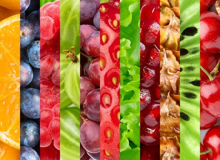 Fresh color food background. Collage with different fruits and berriesの写真素材