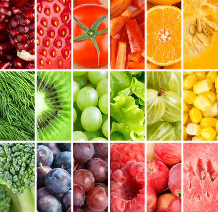 Healthy fresh food background. Collection with color fruits, berries and vegetablesの写真素材