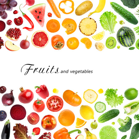 Collection of fruits and vegetables on white background. Fresh food conceptの写真素材