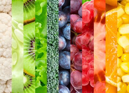 Fresh color food background. Collage with different fruits and berriesの写真素材