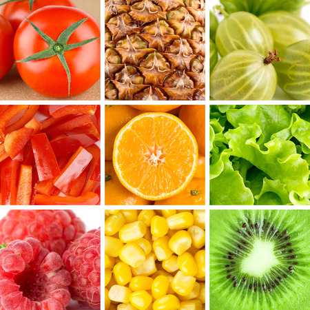 Collection with color fruits and vegetables. Food backgroundの写真素材