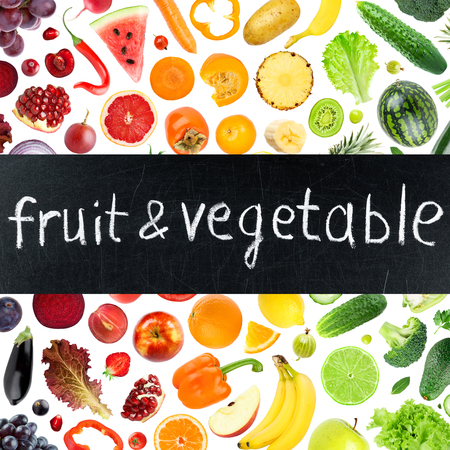 Fresh color fruits and vegetables concept. Food backgroundの写真素材