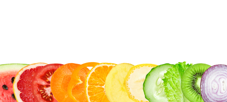 Fruit and vegetable. Mixed slices on white background. Fresh foodの写真素材