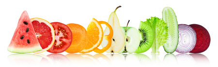 Mixed fruits and vegetables on white background. Fresh foodの写真素材