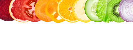 Slices of fruit and vegetable on white background. Fresh foodの写真素材