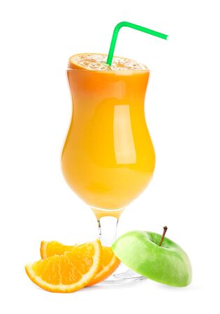 Orange juice with fruits on white backgroundの写真素材