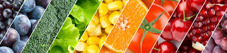 Collection with different fruits, berries and vegetables. Fresh food backgroundの写真素材