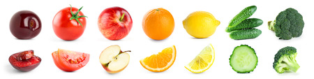 Fruits and vegetables on white background. Healthy foodの写真素材