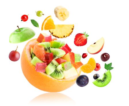 Fresh fruit. Fruit salad on white backgroundの写真素材