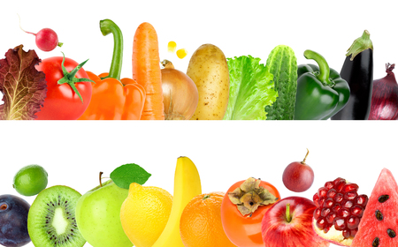 Collection of color fruits and vegetables on white background. Healthy food concept. Fresh foodの写真素材