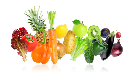 Fruits and vegetables on white background. Healthy food conceptの写真素材