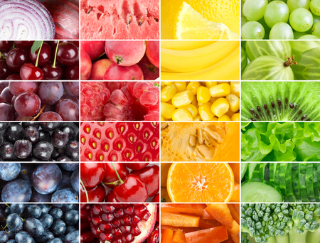Collage of color fruits and vegetables. Food backgroundの写真素材