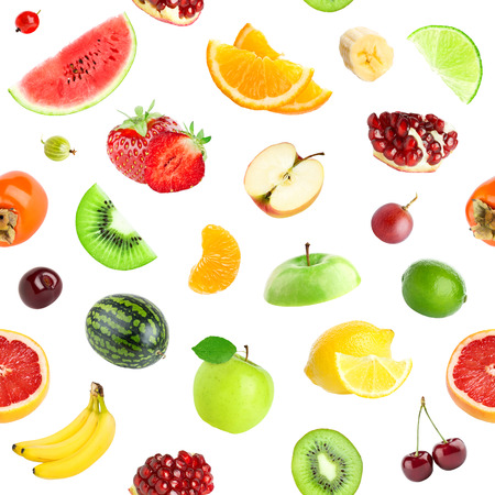 Fruits seamless pattern. Background of fresh kiwi, apple, orange, banana, lemon, watermelon, strawberry. Healthy foodの写真素材