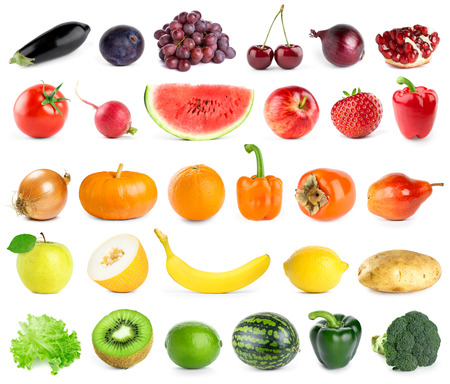Collection of fruits and vegetables on white background. Fresh foodの写真素材