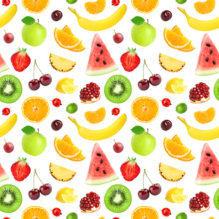 Fruits seamless pattern. Background of fresh kiwi, apple, orange, banana, lemon, watermelon, strawberry, cherry. Healthy foodの写真素材