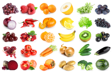 Collection of fruits and vegetables on white background. Fresh foodの写真素材
