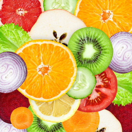 Fruits and vegetables. Mixed slices. Background of fresh ripe foodの写真素材
