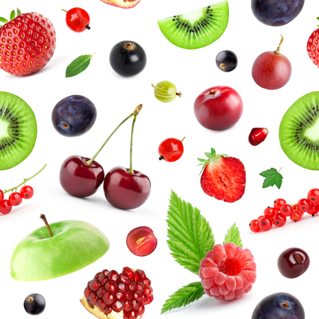 Fruits and berries seamless pattern. Background of fresh falling mixed fruits. Healthy foodの写真素材