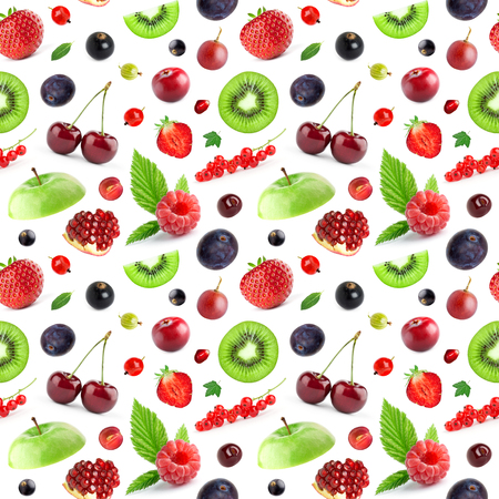 Fruits and berries seamless pattern. Background of fresh falling mixed fruits. Healthy foodの写真素材