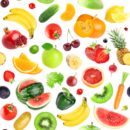 Fruits and vegetables seamless pattern. Background of fresh falling mixed healthy foodの写真素材