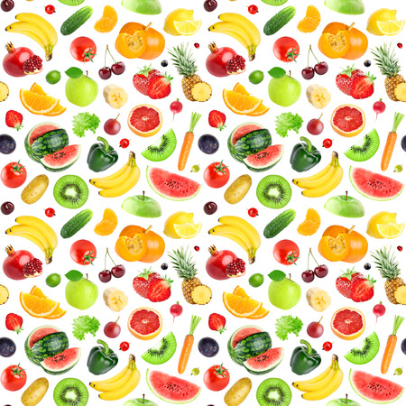 Fruits and vegetables seamless pattern. Background of fresh falling mixed healthy foodの写真素材
