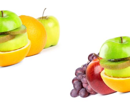 Stack of mixed fruits on white background. Fresh foodの写真素材