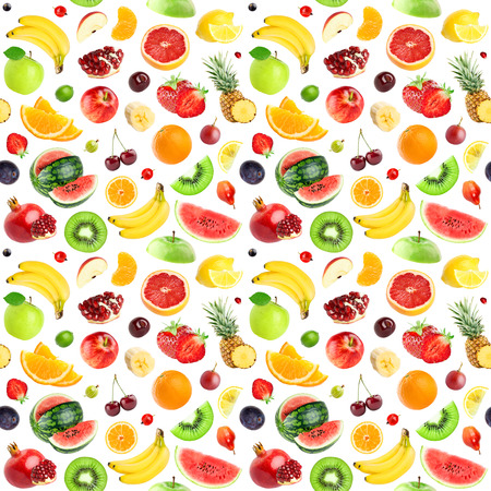 Fruits seamless pattern. Background of fresh falling mixed fruits. Healthy foodの写真素材