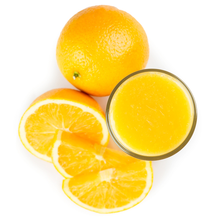 Glass of orange juice and fresh citrus fruit on white background. Top viewの写真素材